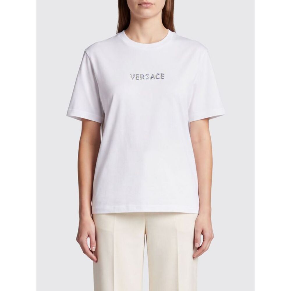 Versace Women Versace Rhinestone Lettering Logo Cotton Crew-Neck T-Shirt
